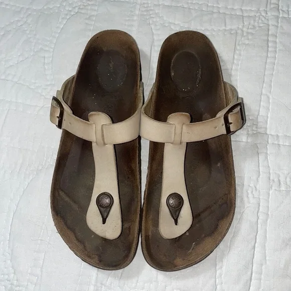 Birkenstock Gizeh Leather Sandals EU size 38 Tan Neutral Cork Well Worn Gorpcore - Picture 2 of 9
